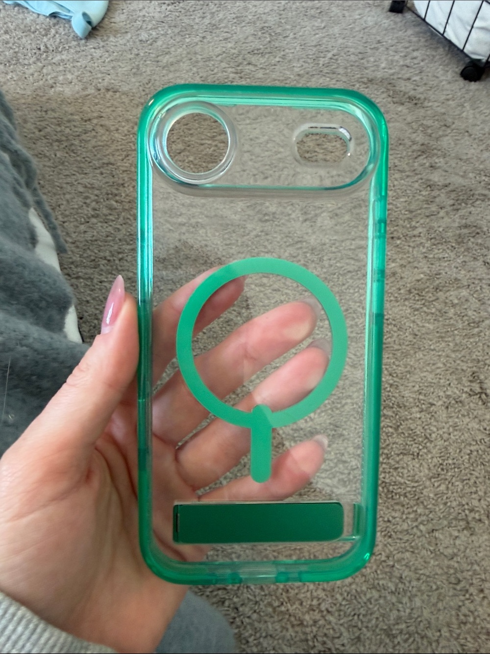 Clear Phone Case with Teal Green Bumper and Magnetic Ring